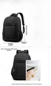Size comparison and specifications chart for the 17-inch laptop backpack in black