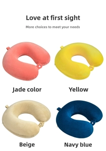 U-shaped memory foam neck pillows in pink, yellow, beige, and navy with snap fasteners
