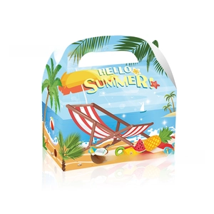 Detailed view of Hello Summer paper gift box featuring tropical beach illustrations and handle