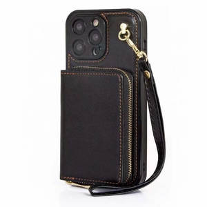 Detail of black leather iPhone case with zipper card wallet and wrist strap