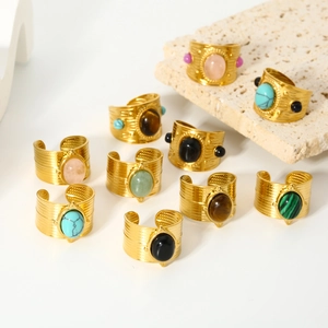 French vintage style 18k gold plated stainless steel rings with colorful natural stones