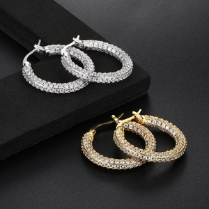 Hip hop style large hoop earrings with sparkling pavé zircons in gold and silver