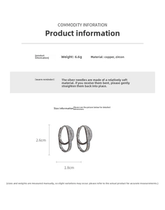Detailed view of double-layer zircon crisscross earrings with S925 silver needles and size specs
