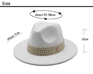 Detailed size chart for white wool fedora with 7cm brim and 57-58cm circumference