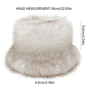 Detailed size chart showing 58cm circumference and 9cm height for white faux fur bucket hat