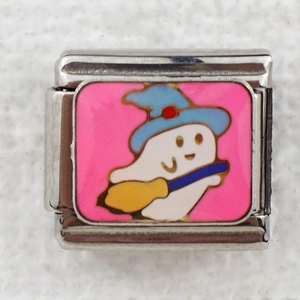 Detailed view of pink enamel Halloween ghost charm for Italian modular bracelet