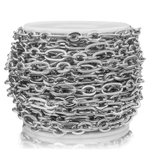 Close-up of silver-tone stainless steel 3:1 link chain neatly wound on a cylindrical spool