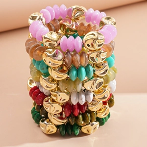 Retro multi-color acrylic beads and irregular gold metal stacked bracelets set for women