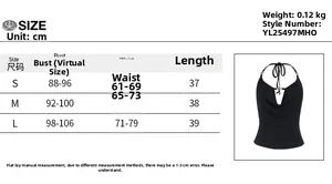 Size chart with bust, waist and length measurements for halter neck backless camisole top