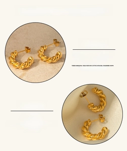 Detail view of 18K gold plated twisted hoop earrings showing vacuum plating texture