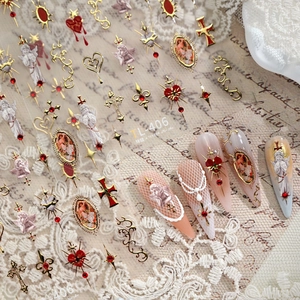 3D Relief Nail Art Stickers Vintage Baroque Style Gold Cross Angel Sacred Heart Design Self Adhesive Manicure Decals