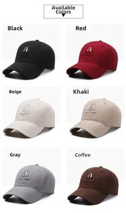 Detailed grid view showing six colors of cotton baseball caps with letter A embroidery