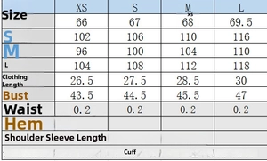 Tabella taglie da XS a L per camicia casual in lino a righe con misure in centimetri