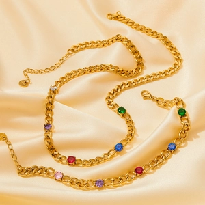 Gold-plated Cuban chain jewelry set with colorful zircon stones on golden silk