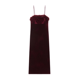 Burgundy Velvet Cami Midi Dress With Faux Fur Trim Rhinestone Glitter V Neck Sleeveless Bodycon Evening Party Women