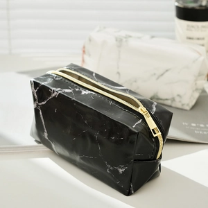 Large capacity black marble pattern PU pencil case with elegant golden zipper detail