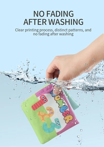 Washable baby cloth book showing waterproof fabric with colorful number print and clear water