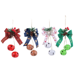 Christmas iron bells with plaid bows and berries for festive home decoration hanging