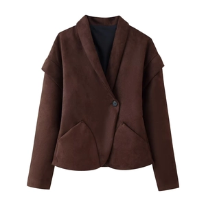 Deep brown faux suede long sleeve blazer jacket with V-neck and tiered pleated cuffs