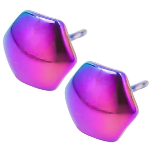 Macro detail of geometric iridescent gradient 304 stainless steel stud earrings in purple