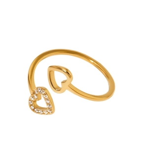 Bague ouverte minimaliste en or avec design double cœur et accents en zircon étincelants