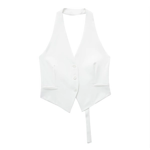 Gilet dos nu blanc à licou avec trois boutons et texture de tissu lisse