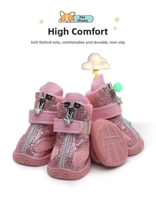 Bottes roses pailletées pour chien avec mesh respirant, semelle antidérapante et zip