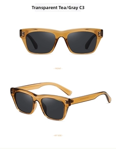 Front and 45-degree side views of square polarized sunglasses in tea-colored frames