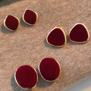 Vintage burgundy flocked triangle and geometric stud earrings set with gold metal trim