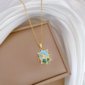 Titanium steel gold necklace with blue enamel tulip pendant in a luxury jewelry box