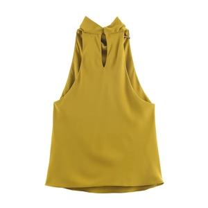 Elegant yellow halter neck sleeveless top with silky finish and back cutout detail