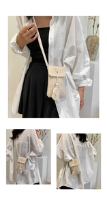 Detailed views of a beige straw crossbody phone bag featuring elegant tassel accents