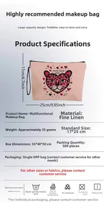 Linen makeup bag detail showing 17x25cm dimensions and leopard heart pattern
