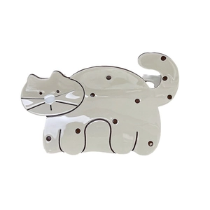 Cute beige cat-shaped acetate hair claw clip with dark brown polka dots for women