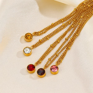 18K gold plated stainless steel birthstone necklaces with colorful round crystal pendants