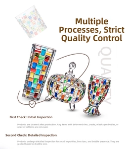 Detailed view of colorful mosaic glass trio including vase, candy jar and goblet set