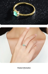 Detailed macro view of 925 silver rings with square green tourmaline and side diamonds