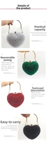 Detail view of heart-shaped rhinestone evening bags in silver, green, red, and black colors