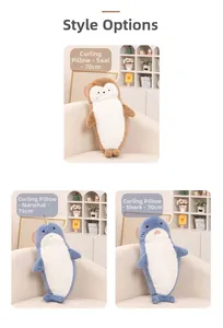 Plush sea animal body pillows in seal, narwhal, and shark designs shown with size labels