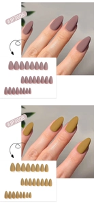 Detail view of almond matte press-on nails in dusty rose and ginger yellow shades