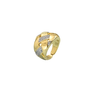 Two-tone plated teardrop ring with pave diamonds in an intertwined weave design