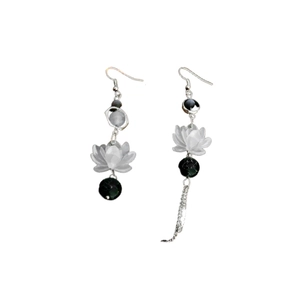 Asymmetric lotus flower bead earrings with black tassels in vintage silver finish
