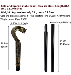 Detail of gold snake head scepter handle with assembly rods for Halloween costumes