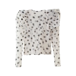Elegant white mesh blouse with black polka dots featuring puff sleeves and long sleeves