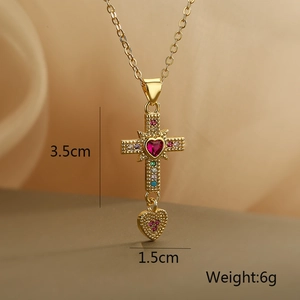 Detail of cross necklace with red heart gem and colorful stones, 3.5cm height, 6g weight