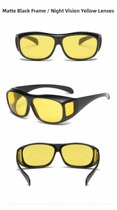 Three-angle views of matte black cycling night vision glasses with yellow lenses