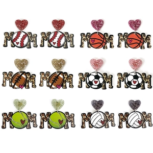 Mom Leopard Print Acrylic Dangle Earrings With Steel Earring Post Glitter Heart Sports Ball Mother Day Jewelry