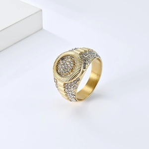Macro shot of 18K gold plated stainless steel ring featuring micro-pave white zircons