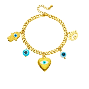 Gold stainless steel Cuban link bracelet with Hamsa Hand and Evil Eye charms