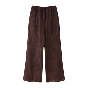 Pantalon large marron foncé avec broderie florale et taille élastique à cordon